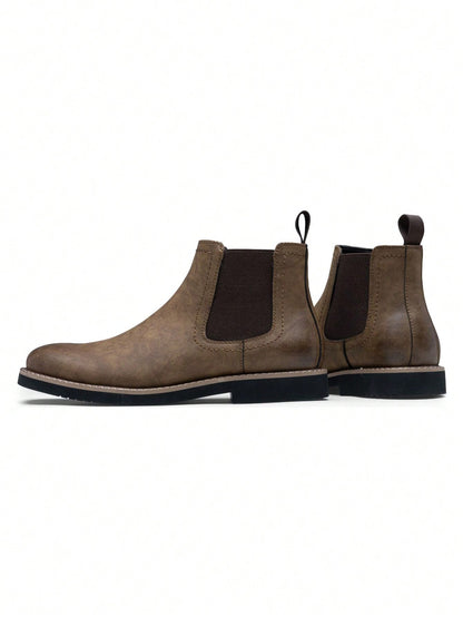 SHOESMALL Men's British Korean Style Pointed Toe High-Top Brown Chelsea Boots, Slip-Resistant & Wear-Resistant Fashionable PU Leather Boots