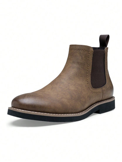 SHOESMALL Men's British Korean Style Pointed Toe High-Top Brown Chelsea Boots, Slip-Resistant & Wear-Resistant Fashionable PU Leather Boots