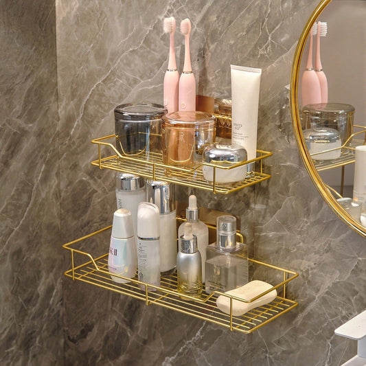 Shower Caddy Shelf Storage Rack Adhesive Without Drilling Stainless Steel With Hooks For Washroom, Lavatory, Restroom, Toilet, Bathroom, Kitchen, Golden