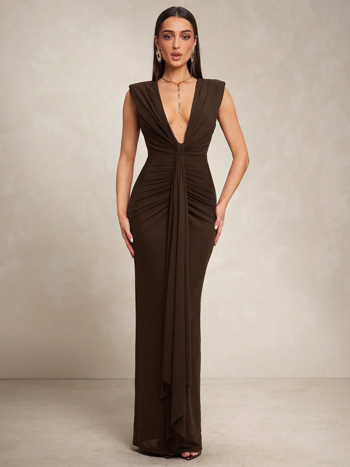 Silquee Women's Solid Color Deep V-Neck Ruched Waist Elegant Long Dress For Party,Summer Dresses For Women