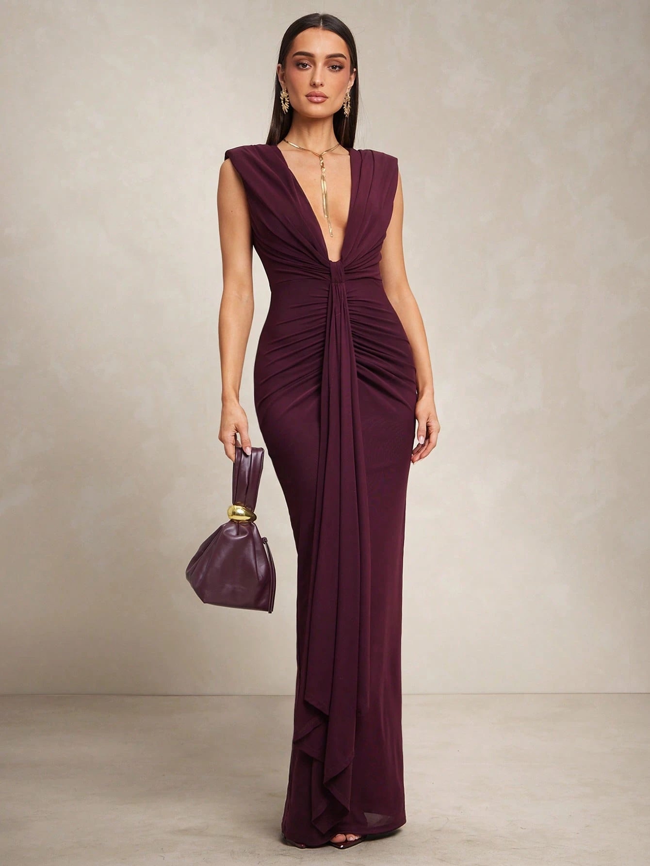 Silquee Women's Solid Color Deep V-Neck Ruched Waist Elegant Long Dress For Party,Summer Dresses For Women