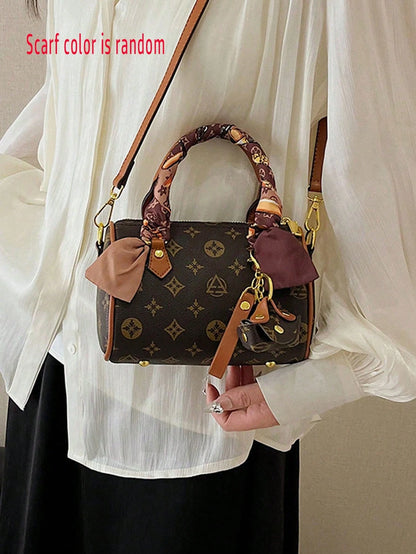 Simple And Fashionable Handbag PU Material Dual Handles, Scarf Decoration