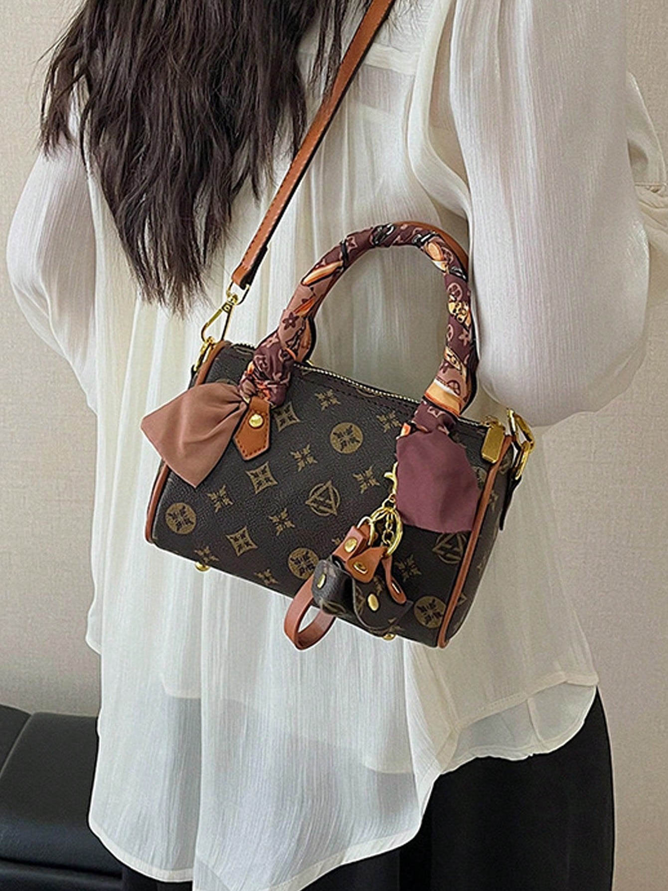 Simple And Fashionable Handbag PU Material Dual Handles, Scarf Decoration