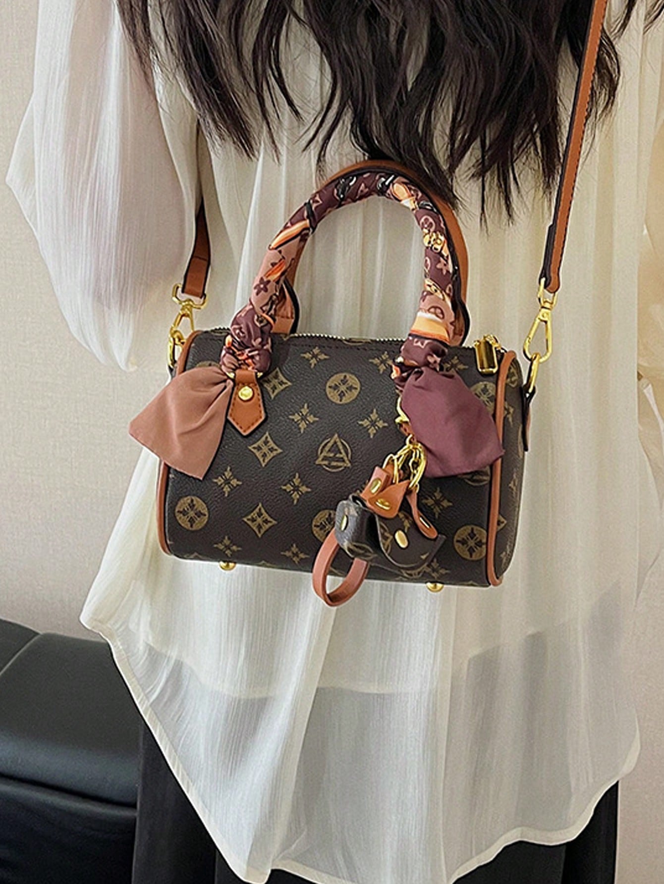 Simple And Fashionable Handbag PU Material Dual Handles, Scarf Decoration