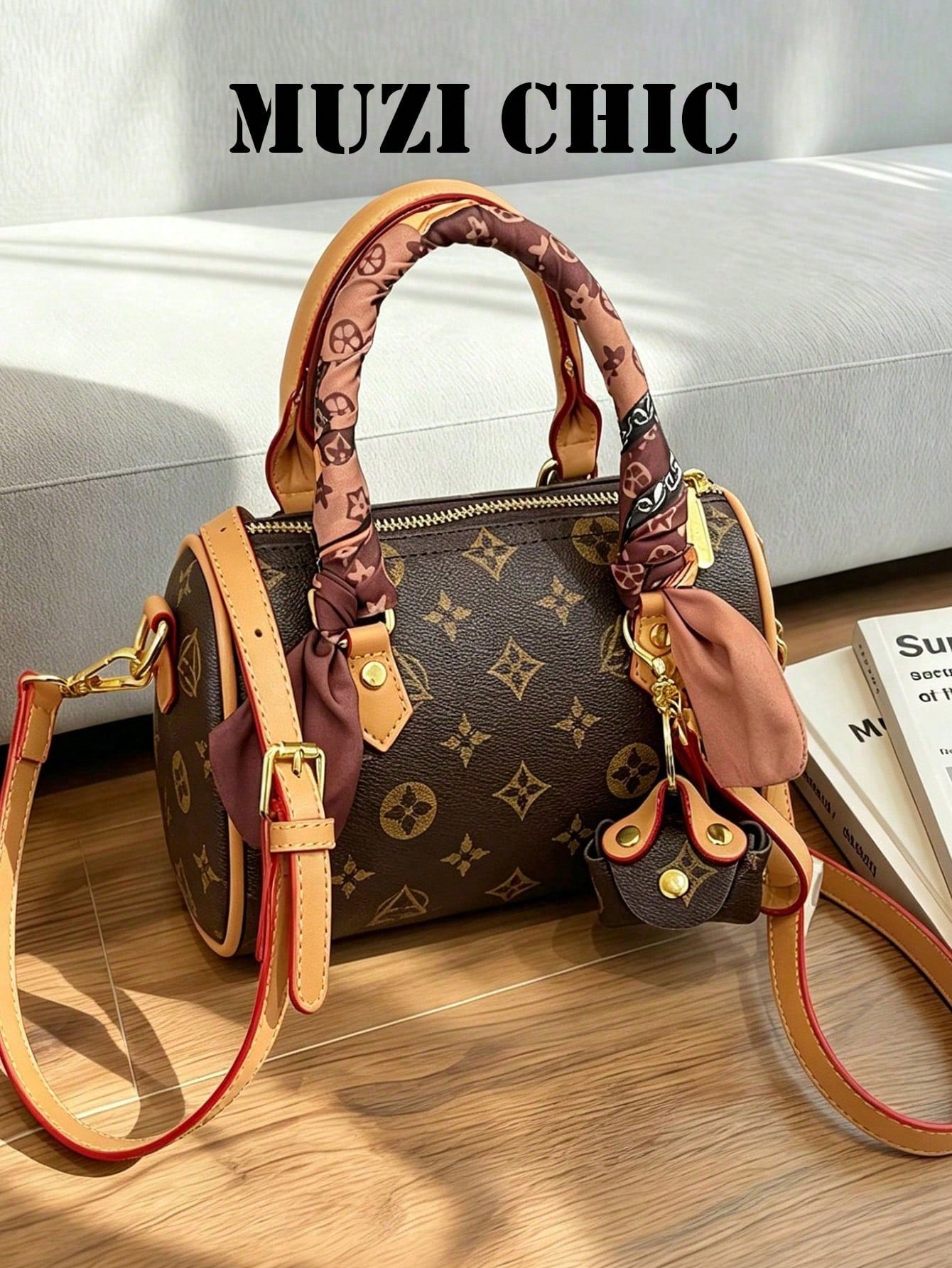 Simple And Fashionable Handbag PU Material Dual Handles, Scarf Decoration