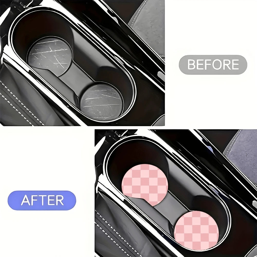 Simple Grid Style 2 Pieces Car Cup Holder Coaster- Anti Slip, 2.8-Inch Made Of Natural Rubber, Washable, Weighing 15 Grams Per Piece, Perfect For Car Interior Accessories- Suitable For Car Owners