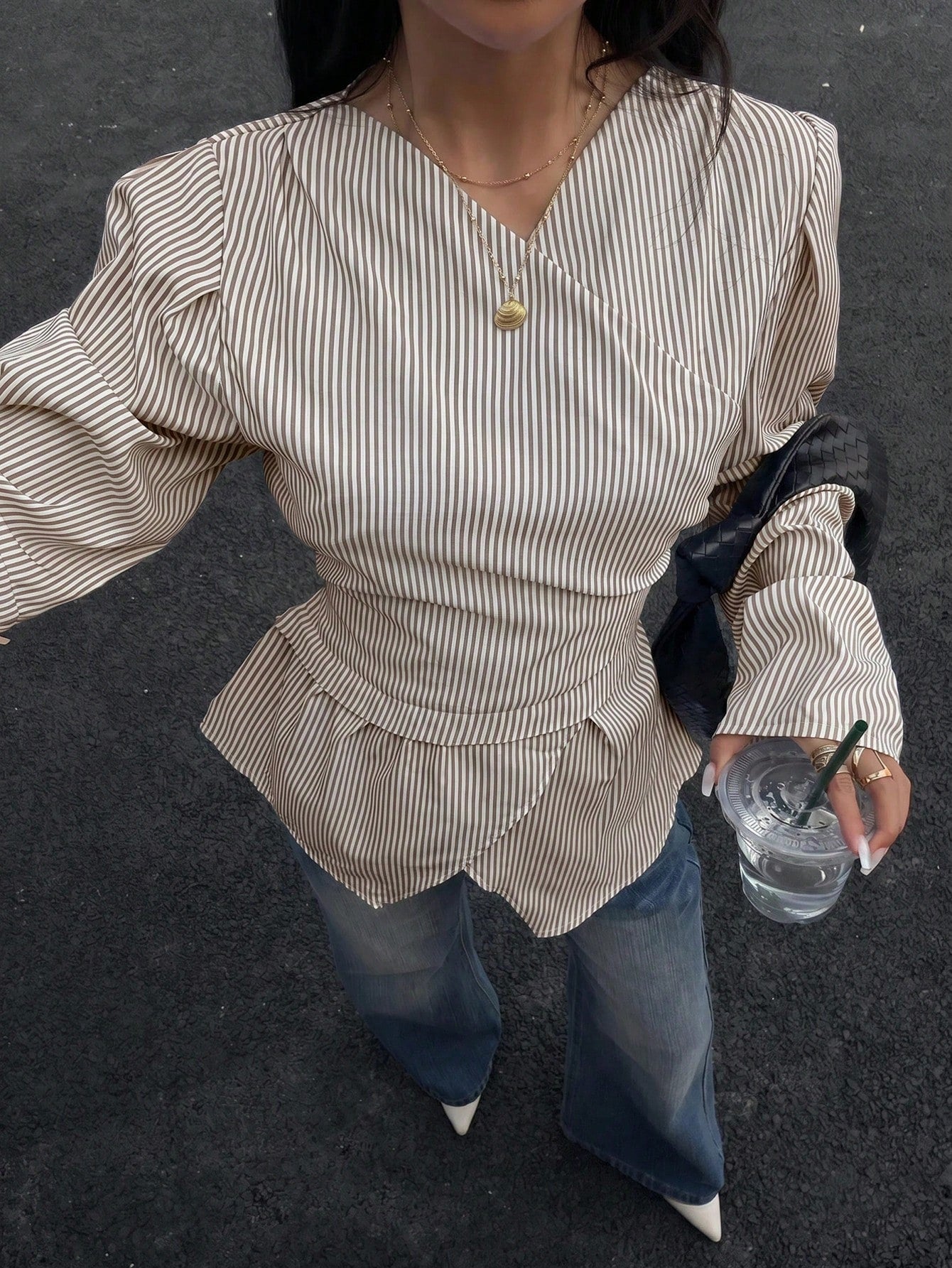 Siren Gaze Autumn/Winter New Striped Waist-Cinched Blouse For Women Elegant