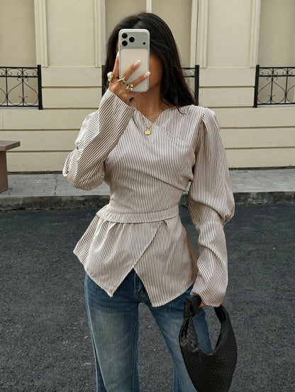 Siren Gaze Autumn/Winter New Striped Waist-Cinched Blouse For Women Elegant