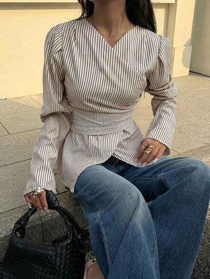 Siren Gaze Autumn/Winter New Striped Waist-Cinched Blouse For Women Elegant