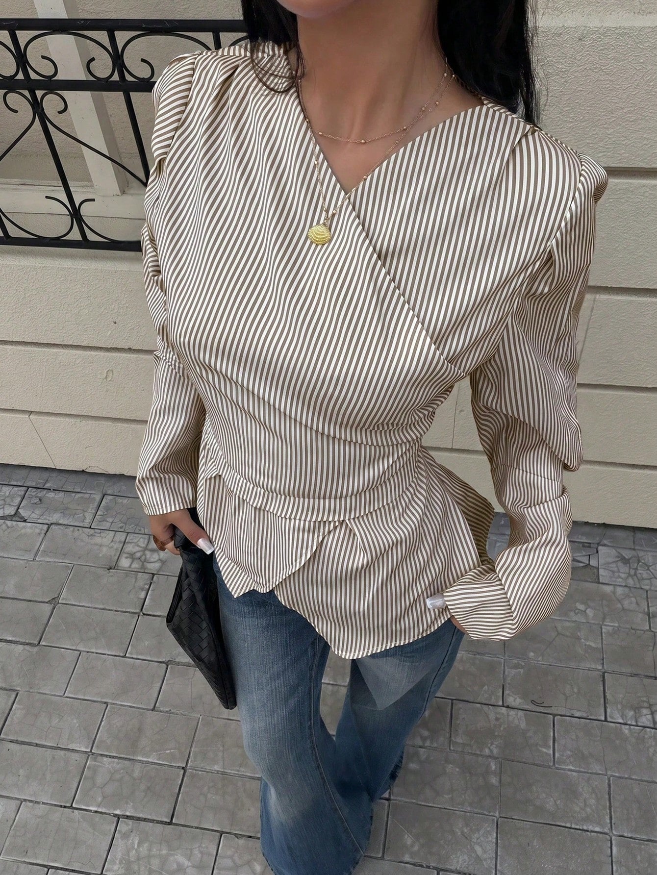 Siren Gaze Autumn/Winter New Striped Waist-Cinched Blouse For Women Elegant