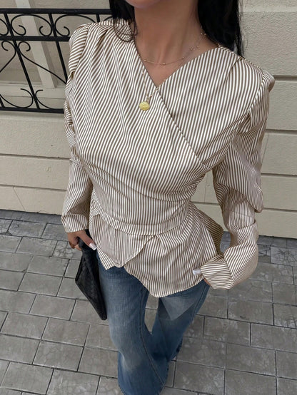 Siren Gaze Autumn/Winter New Striped Waist-Cinched Blouse For Women Elegant