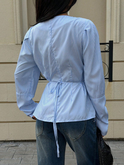 Siren Gaze Autumn/Winter New Striped Waist-Cinched Blouse For Women Elegant