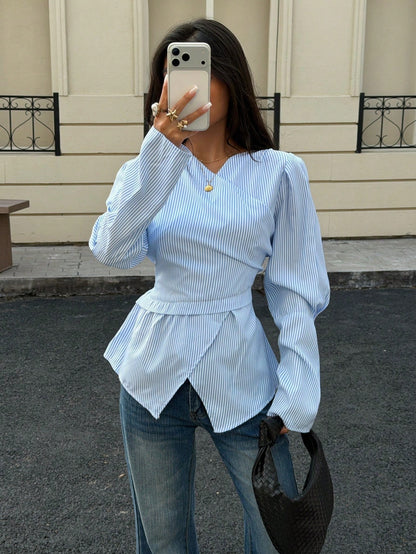 Siren Gaze Autumn/Winter New Striped Waist-Cinched Blouse For Women Elegant