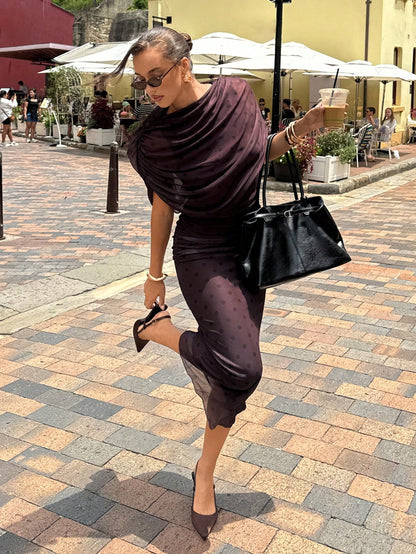 Siren Gaze French Retro Elegant Black Polka Dot Polka Dot Pleated Off-Shoulder Slim Fit Long Dress,Women's Summer Stylish Draped Dress For Brunch,Dinner Dates