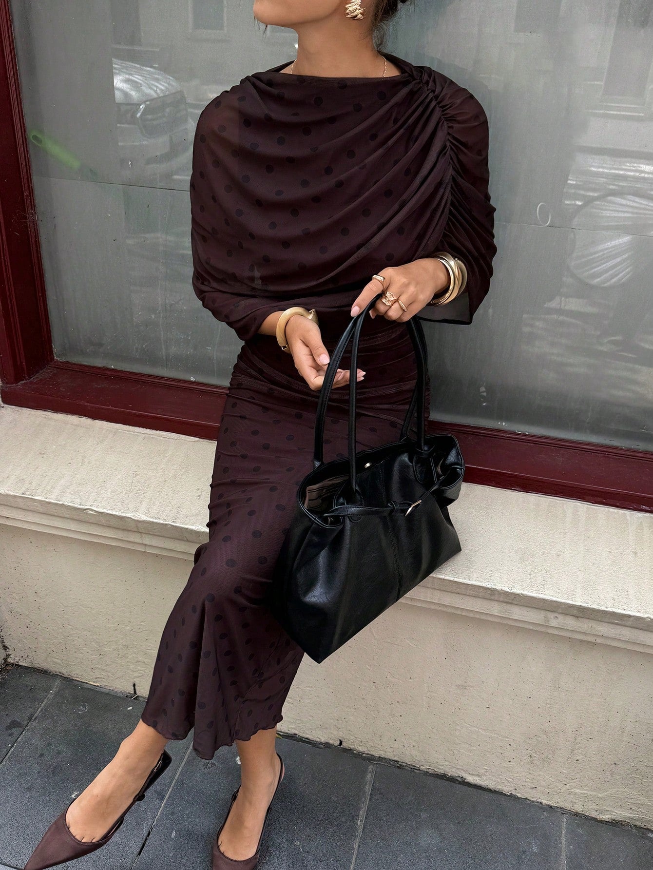 Siren Gaze French Retro Elegant Black Polka Dot Polka Dot Pleated Off-Shoulder Slim Fit Long Dress,Women's Summer Stylish Draped Dress For Brunch,Dinner Dates