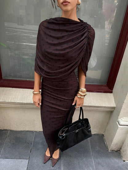 Siren Gaze French Retro Elegant Black Polka Dot Polka Dot Pleated Off-Shoulder Slim Fit Long Dress,Women's Summer Stylish Draped Dress For Brunch,Dinner Dates