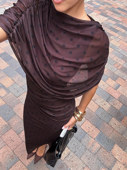 Siren Gaze French Retro Elegant Black Polka Dot Polka Dot Pleated Off-Shoulder Slim Fit Long Dress,Women's Summer Stylish Draped Dress For Brunch,Dinner Dates