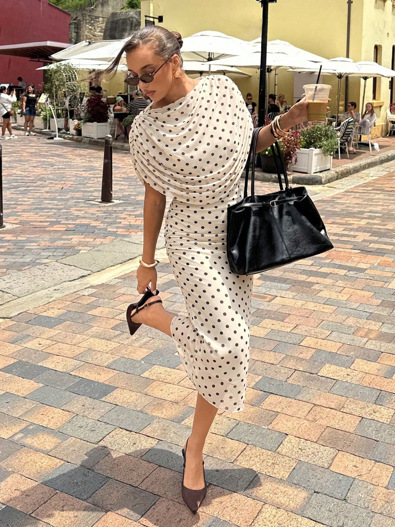 Siren Gaze French Retro Elegant Black Polka Dot Polka Dot Pleated Off-Shoulder Slim Fit Long Dress,Women's Summer Stylish Draped Dress For Brunch,Dinner Dates