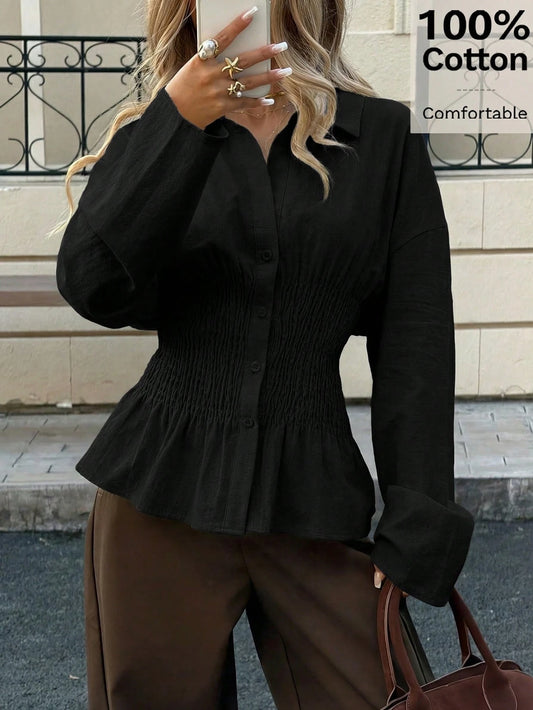 Siren Gaze Women's Casual Solid Color Long Sleeve Shirt, Cotton Waist Fitted Blouse, Office Wear Shirt Elegant