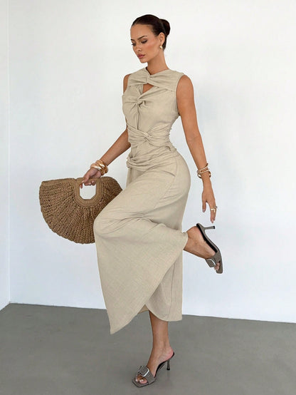 Siren Gaze Women's Sleeveless Solid Color Twist Design Dress, Casual Elegant Evening Dress, Linen Dress, Flare Dress, Summer, Vacation Beige
