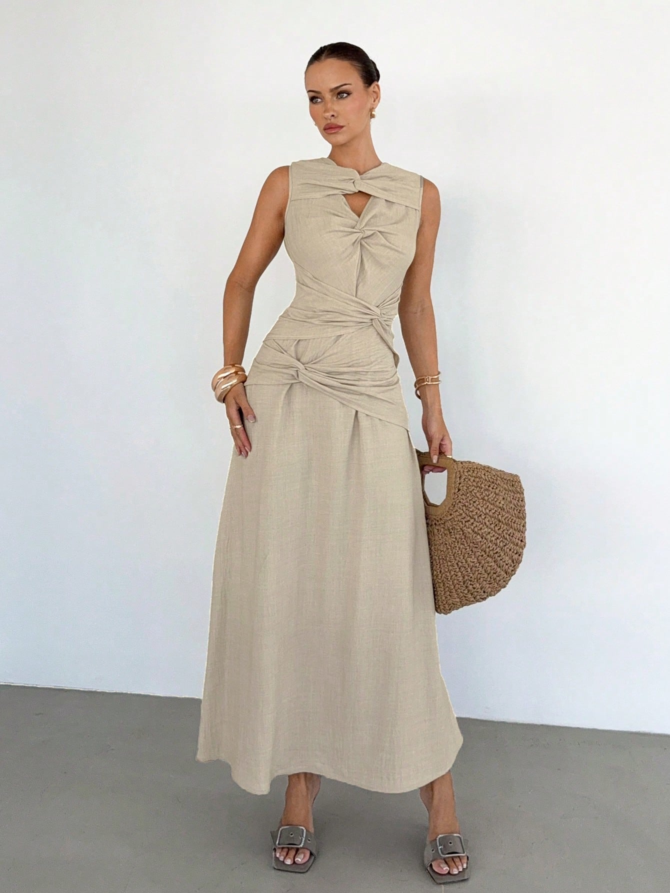 Siren Gaze Women's Sleeveless Solid Color Twist Design Dress, Casual Elegant Evening Dress, Linen Dress, Flare Dress, Summer, Vacation Beige