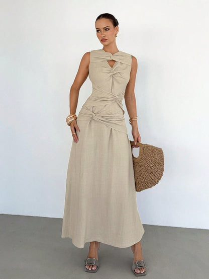 Siren Gaze Women's Sleeveless Solid Color Twist Design Dress, Casual Elegant Evening Dress, Linen Dress, Flare Dress, Summer, Vacation Beige