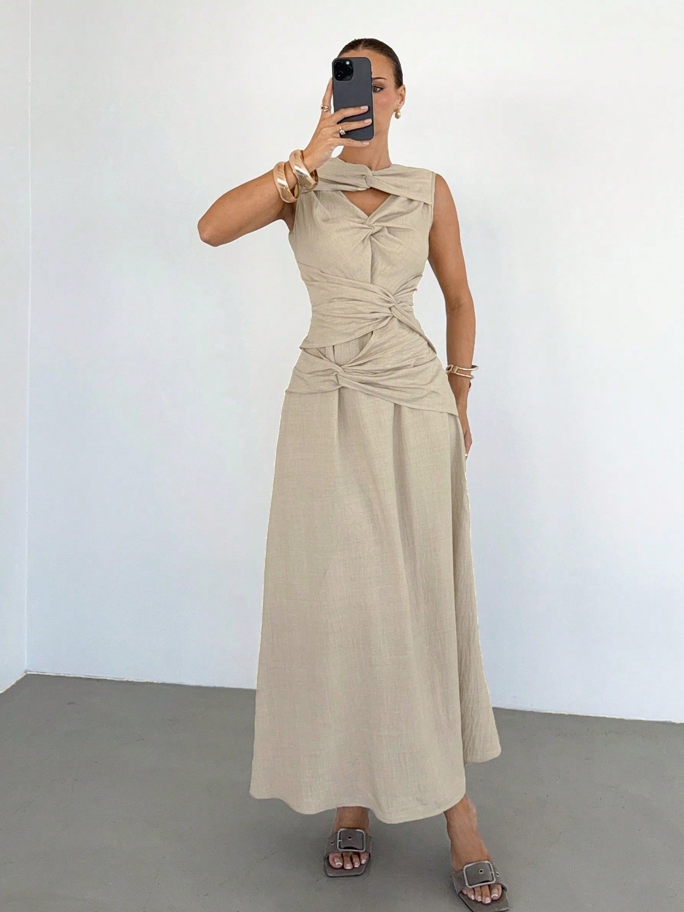 Siren Gaze Women's Sleeveless Solid Color Twist Design Dress, Casual Elegant Evening Dress, Linen Dress, Flare Dress, Summer, Vacation Beige