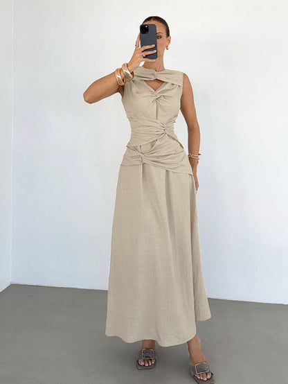 Siren Gaze Women's Sleeveless Solid Color Twist Design Dress, Casual Elegant Evening Dress, Linen Dress, Flare Dress, Summer, Vacation Beige