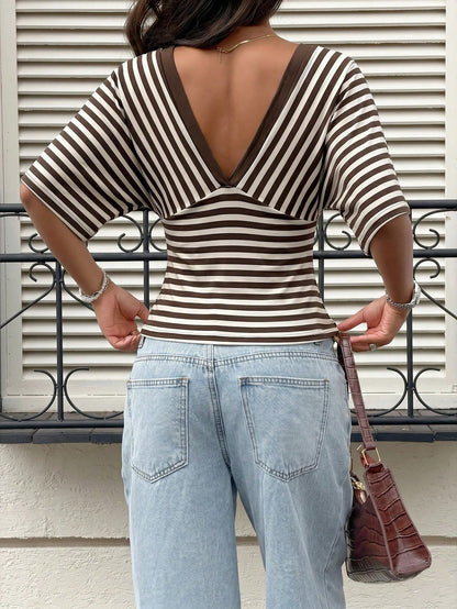Siren Gaze Women's Summer Short Sleeve Fitted V-Neck Striped T-Shirtworld Cup Going Out Night Out Brown Striped Striped Striped Checkered Sexy