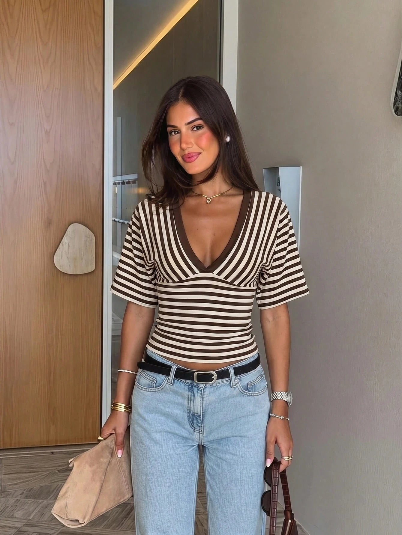 Siren Gaze Women's Summer Short Sleeve Fitted V-Neck Striped T-Shirtworld Cup Going Out Night Out Brown Striped Striped Striped Checkered Sexy
