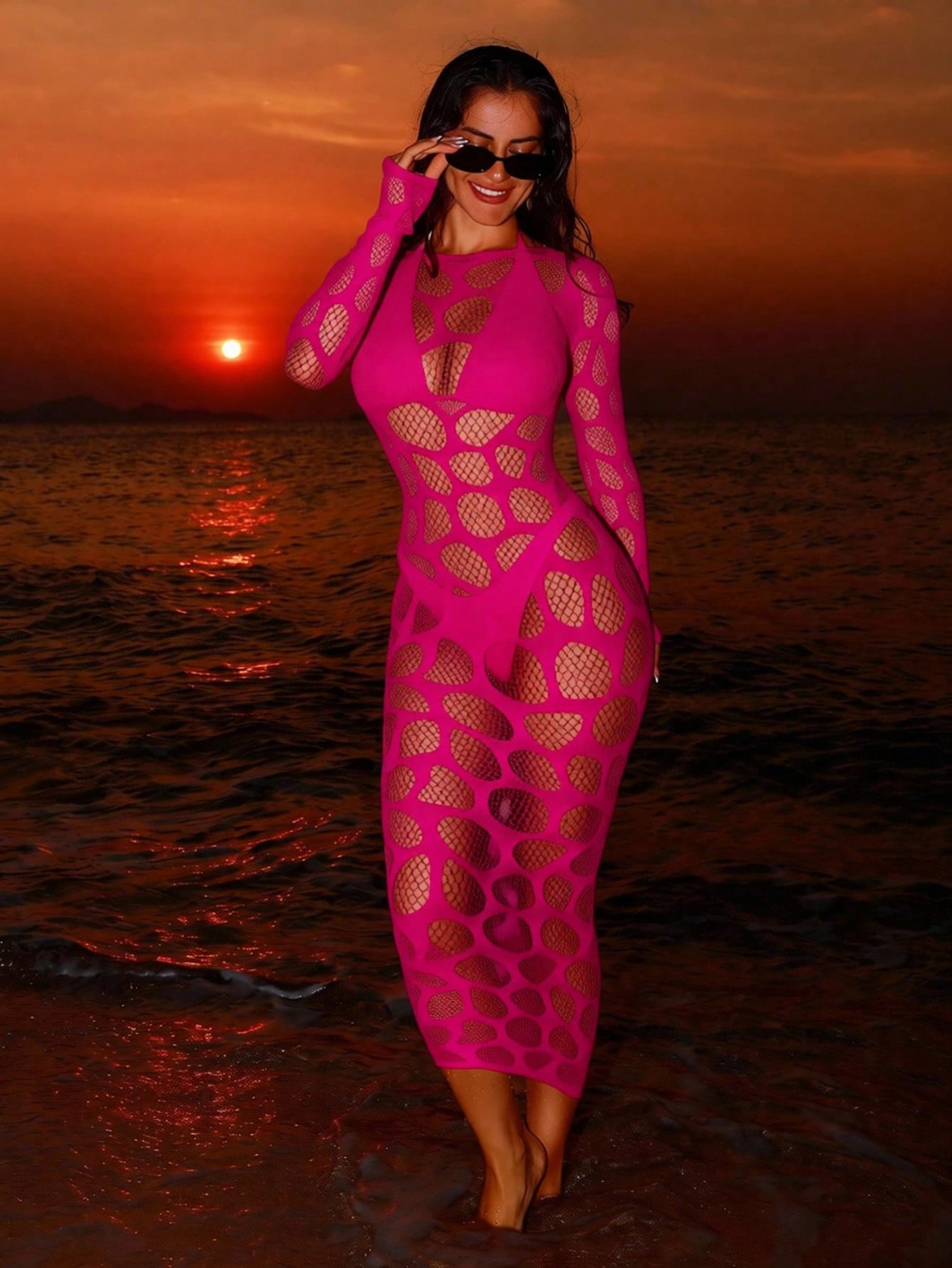 Sirith Spring/Summer New Knitted Round Neck Long Sleeve Bodycon Dress, Sexy Fitted Mesh Hollow Out Dress, Elegant Women Dress