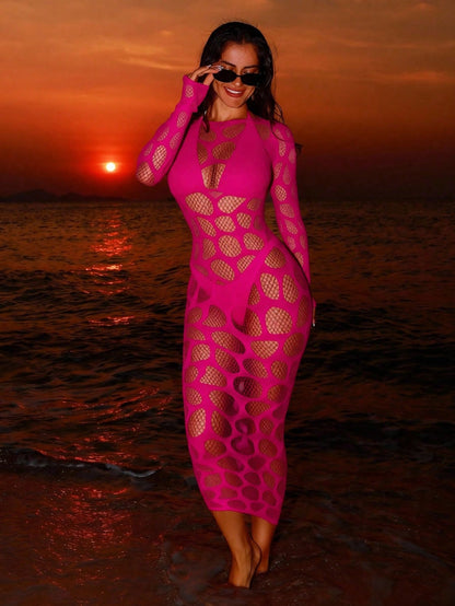 Sirith Spring/Summer New Knitted Round Neck Long Sleeve Bodycon Dress, Sexy Fitted Mesh Hollow Out Dress, Elegant Women Dress