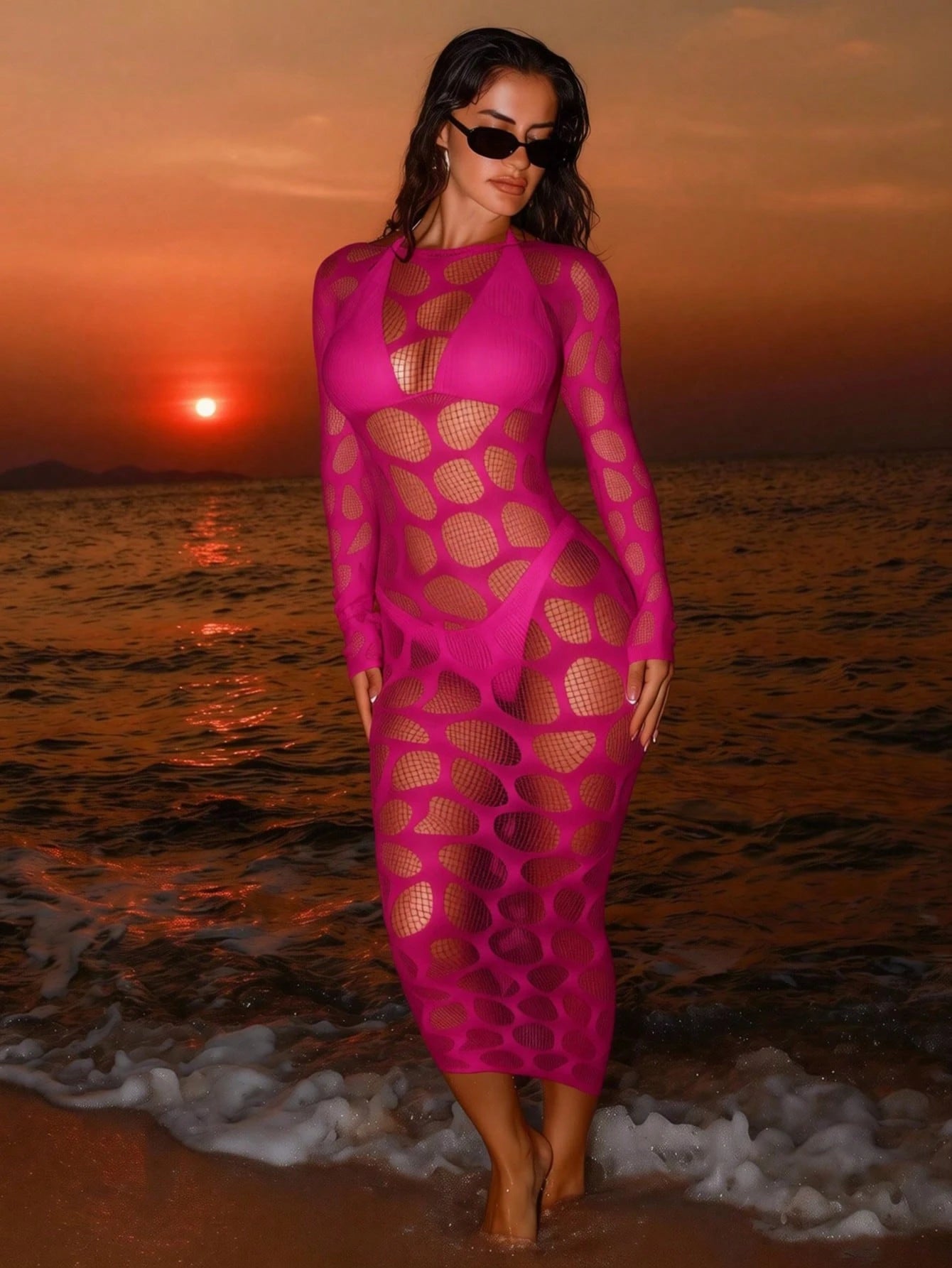 Sirith Spring/Summer New Knitted Round Neck Long Sleeve Bodycon Dress, Sexy Fitted Mesh Hollow Out Dress, Elegant Women Dress