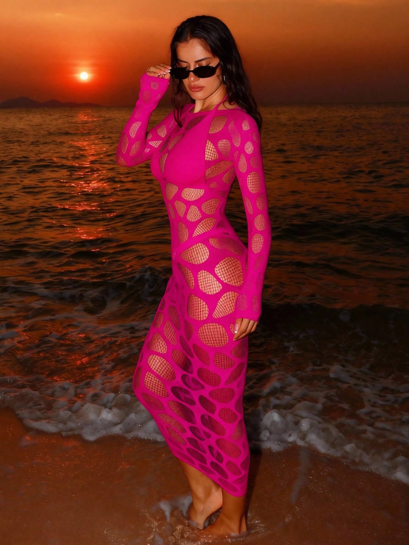 Sirith Spring/Summer New Knitted Round Neck Long Sleeve Bodycon Dress, Sexy Fitted Mesh Hollow Out Dress, Elegant Women Dress