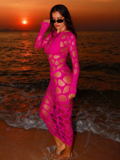 Sirith Spring/Summer New Knitted Round Neck Long Sleeve Bodycon Dress, Sexy Fitted Mesh Hollow Out Dress, Elegant Women Dress
