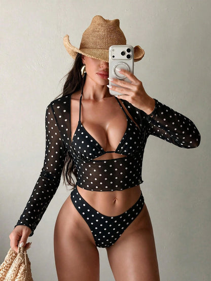 Sirith Women's 3-Piece Sexy Bikini Set, 3-Piece Sexy Swimsuit Set, Black And White Polka Dot Design Tie Bikini Top, Long Sleeve Sexy Short Cover-Up, Women's Sexy Bikini 3-Piece Set