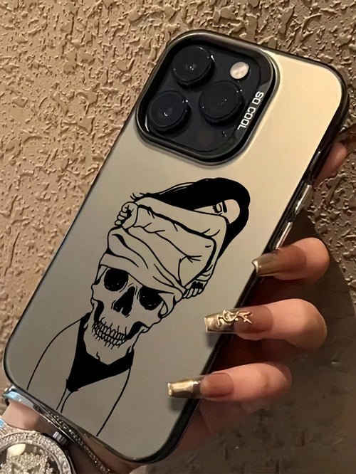 Skeleton 1pc Black Matte IMD Colorful Laser Engraved Personalized Line Art Female Skull Graphic Phone Case, Compatible With IPhone 16 Pro Max, 17/16/15/14 Plus, 13/12/11, Air, Series