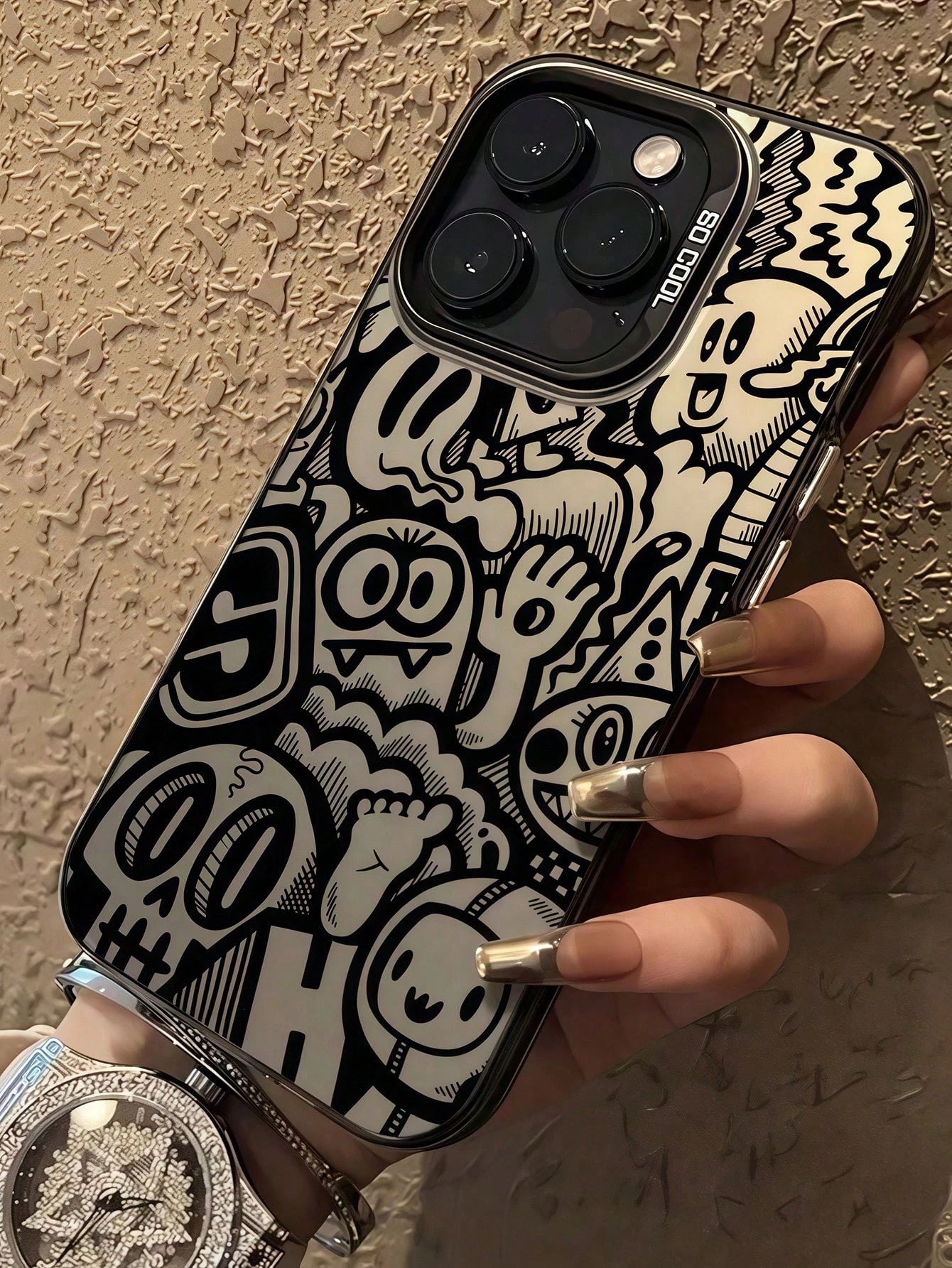 Skeleton 1pc Black Matte IMD Colorful Laser Engraved Personalized Line Art Female Skull Graphic Phone Case, Compatible With IPhone 16 Pro Max, 17/16/15/14 Plus, 13/12/11, Air, Series