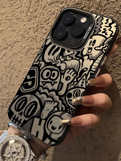 Skeleton 1pc Black Matte IMD Colorful Laser Engraved Personalized Line Art Female Skull Graphic Phone Case, Compatible With IPhone 16 Pro Max, 17/16/15/14 Plus, 13/12/11, Air, Series