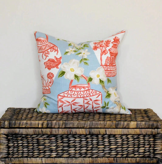Sky Blue And Coral Chinoiserie Pillow Cover Asian Toile Lantern Blossom Cushion Cover Chinoiserie Chic Pagoda