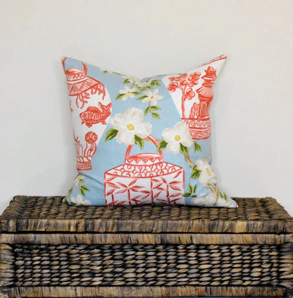 Sky Blue And Coral Chinoiserie Pillow Cover Asian Toile Lantern Blossom Cushion Cover Chinoiserie Chic Pagoda
