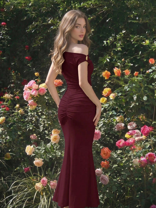 Skyraze Asymmetric One-Shoulder Mid-Length Dress – Elegant Classy Elegant Sexy Single Shoulder Design Formal Burgundy Summer