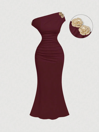 Skyraze Asymmetric One-Shoulder Mid-Length Dress – Elegant Classy Elegant Sexy Single Shoulder Design Formal Burgundy Summer