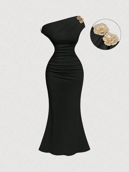 Skyraze Asymmetric One-Shoulder Mid-Length Dress – Elegant Sexy Single Shoulder Design Party Black Summer