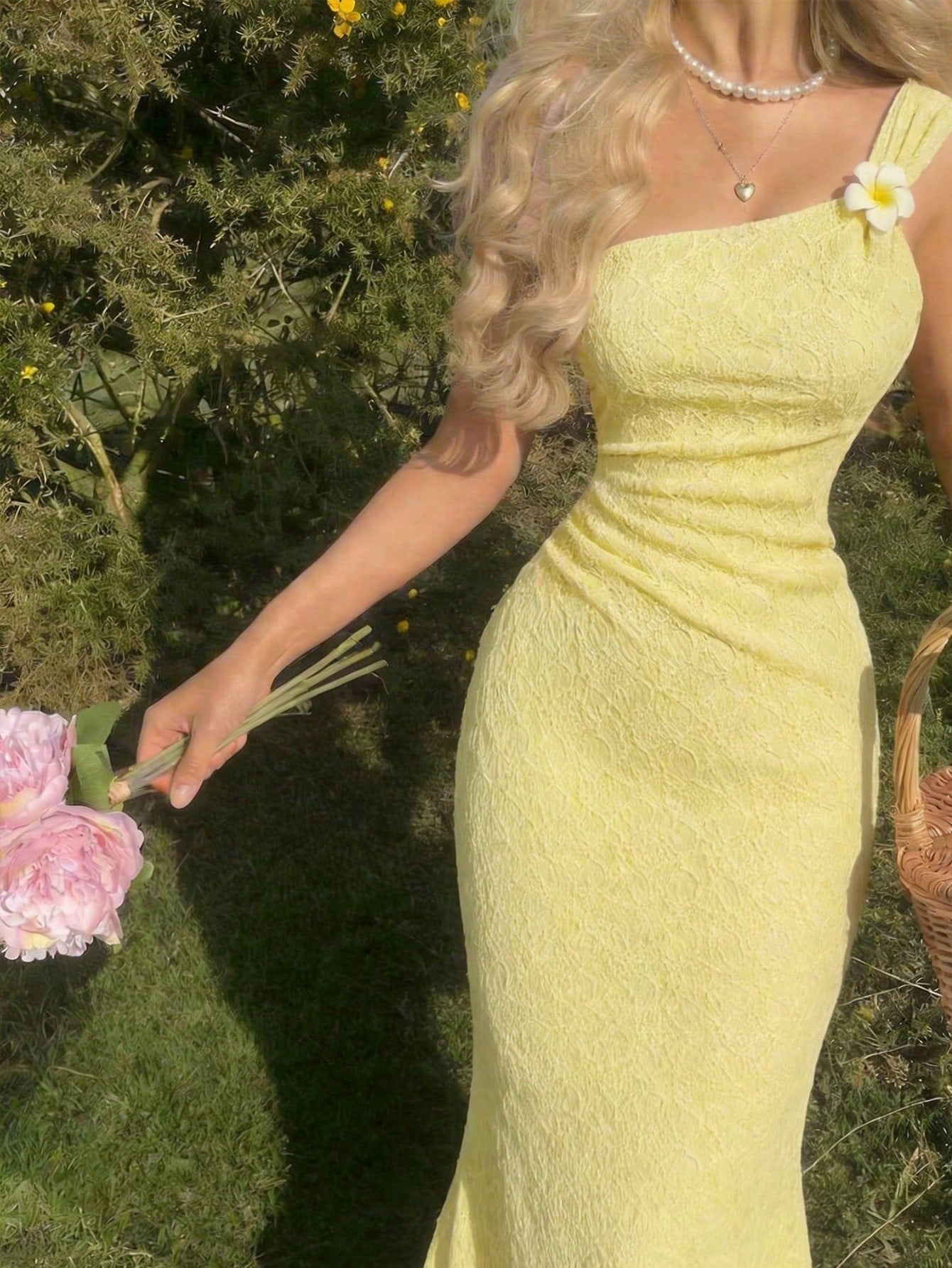 Skyraze Pale Yellow Summer Elegant Holiday Picnic Tea Party Vacation One-Shoulder Textured Floral Mermaid Dress With Embellishments For Women Wedding Guest