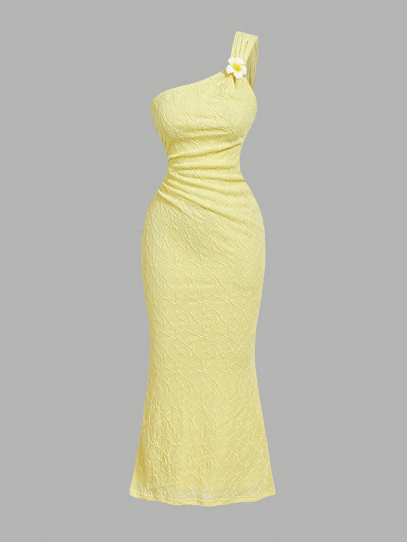 Skyraze Pale Yellow Summer Elegant Holiday Picnic Tea Party Vacation One-Shoulder Textured Floral Mermaid Dress With Embellishments For Women Wedding Guest