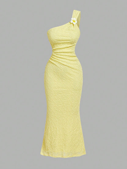 Skyraze Pale Yellow Summer Elegant Holiday Picnic Tea Party Vacation One-Shoulder Textured Floral Mermaid Dress With Embellishments For Women Wedding Guest