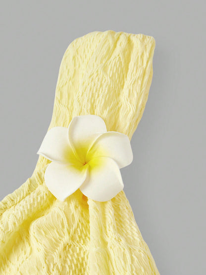 Skyraze Pale Yellow Summer Elegant Holiday Picnic Tea Party Vacation One-Shoulder Textured Floral Mermaid Dress With Embellishments For Women Wedding Guest