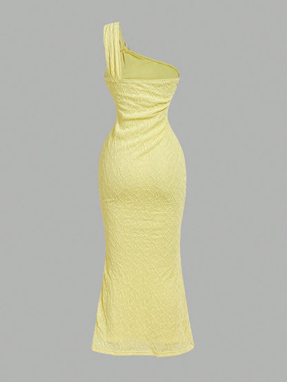 Skyraze Pale Yellow Summer Elegant Holiday Picnic Tea Party Vacation One-Shoulder Textured Floral Mermaid Dress With Embellishments For Women Wedding Guest