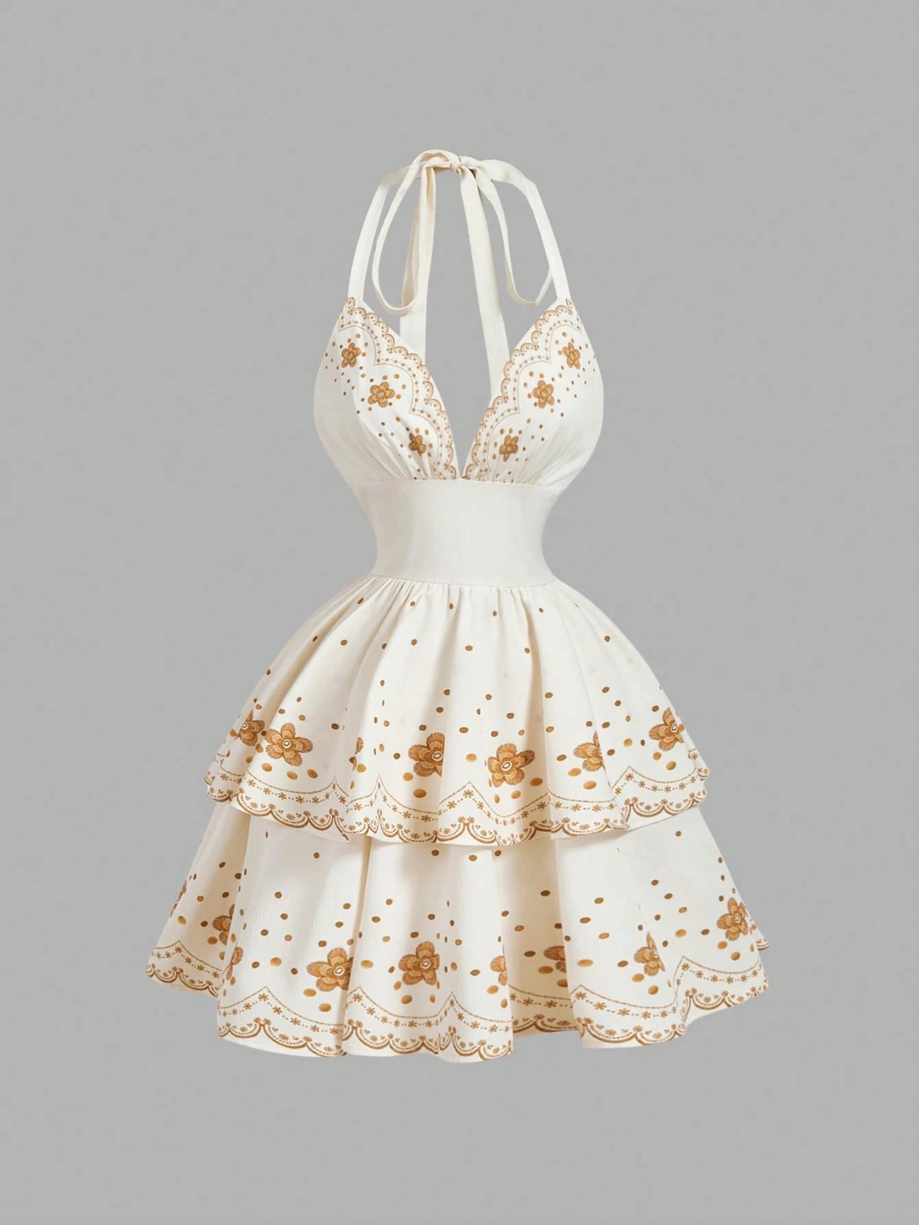 Skyraze Summer Dresses For Women,White And Gold Floral Embroidery Halter Neck Deep V Woven Dress,Tiered Ruffle Scalloped Edge Holiday Casual Party Holiday